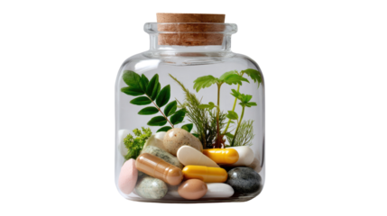 Vitamins and Nature in Glass: An exquisite artistic arrangement of vital vitamins and miniature plants are preserved gracefully in transparent glass container.
