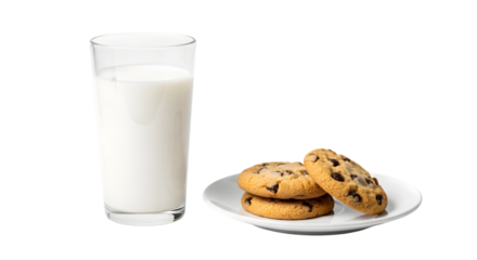 A tall glass of cold white milk next to a small plate with three chocolate chip cookies isolated on transparent background