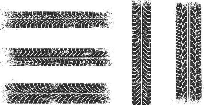 Tire tread imprint vector set, black rubber track patterns, horizontal and vertical wheel marks, automotive texture design for mechanic, transport, racing themes