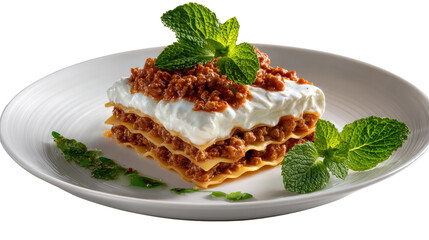 Artisan Lasagna with Mint Garnish: A culinary masterpiece of layered lasagna, served elegantly on a pristine white plate, adorned with a fresh sprig of mint, showcasing the epitome of Italian cuisine.