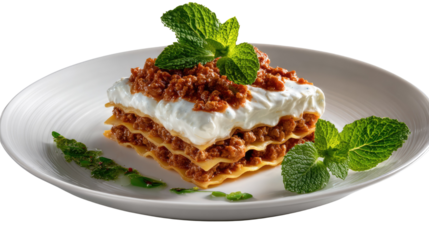 Artisan Lasagna with Mint Garnish: A culinary masterpiece of layered lasagna, served elegantly on a pristine white plate, adorned with a fresh sprig of mint, showcasing the epitome of Italian cuisine.