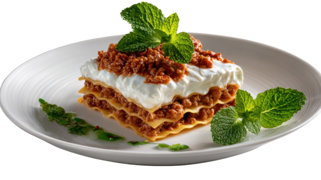 Artisan Lasagna with Mint Garnish: A culinary masterpiece of layered lasagna, served elegantly on a pristine white plate, adorned with a fresh sprig of mint, showcasing the epitome of Italian cuisine.