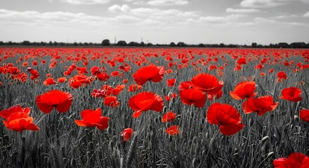 Summer red poppy field in full bloom against a blue sky in the rural countryside landscape