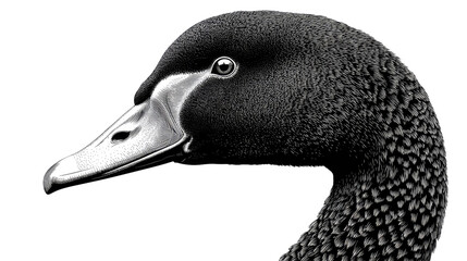 Monochrome duck portrait: A close-up, monochromatic portrait of a duck with sharp details, featuring the texture of feathers and a piercing gaze.