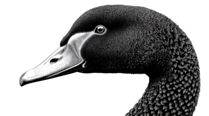 Monochrome duck portrait: A close-up, monochromatic portrait of a duck with sharp details, featuring the texture of feathers and a piercing gaze.