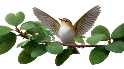 Harmony of Nature: A tiny bird displays its majestic wings amidst a tranquil scene, poised atop a delicate branch adorned with vibrant green leaves.