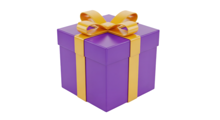 A tall rectangular purple gift box with a golden ribbon and bow isolated on transparent background