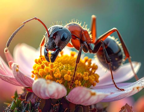 Close-up of a giant ant on a flower, showcasing intricate details. The insect's face looks forward, a colorful contrast - Powered by Adobe