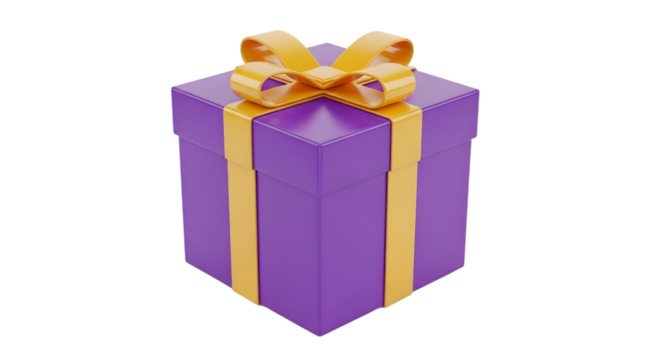 A tall rectangular purple gift box with a golden ribbon and bow isolated on transparent background