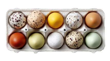 Colorful Eggs in Carton: A vibrant display of speckled and solid-colored eggs nestled within a simple carton, showcasing the diversity of natural hues and textures. 
