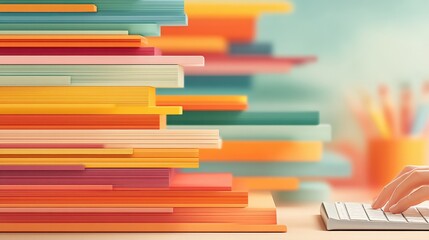 Typing on Keyboard Colorful Stack of notebooks arranged on a desk with a person's hand typing on a keyboard in the foreground