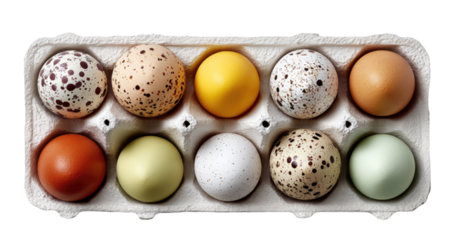 Colorful Eggs in Carton: A vibrant display of speckled and solid-colored eggs nestled within a simple carton, showcasing the diversity of natural hues and textures. 