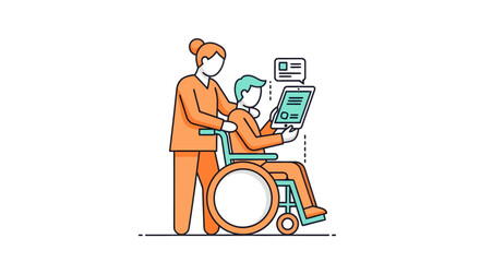 Caring nurse assisting patient in wheelchair with digital tablet, promoting modern healthcare and patient engagement