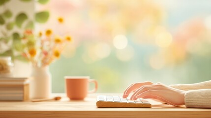 Typing on Keyboard Fresh healthy food ingredients on wooden table