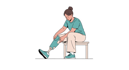 Empowered woman adjusting prosthetic leg, ready for an active day, symbolizing resilience and inclusivity with modern design and a focus on ability.