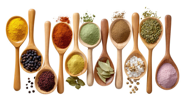 Aromatic Spices on Display: A captivating arrangement of various ground spices artfully displayed on wooden spoons, creating a feast for the senses with their vibrant colors and enticing aromas. - Powered by Adobe