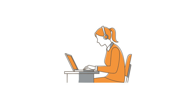 Focused businesswoman wearing headset working diligently on laptop at modern office desk, providing excellent customer support and communication solutions.