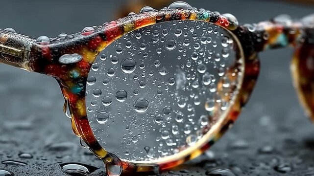 Close up of eyeglasses with water droplets and abstract colorful frame
