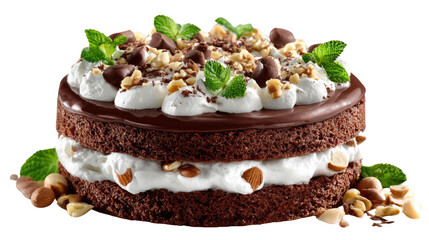 Delicious Layer Cake: A decadent layer cake, adorned with creamy frosting, chocolate, and fresh mint, offers a tempting treat.
