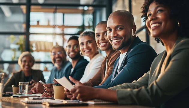 Diverse Group of Businesspeople Sitting at Conference Table in Modern Office