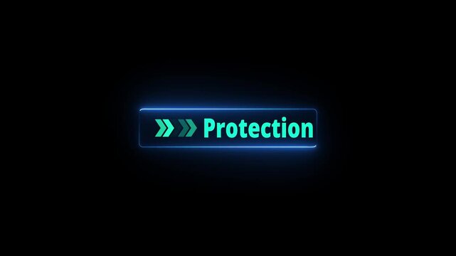 Glowing neon line animation pointing towards protection button in looping with black background. Right arrow moving on protection sign text animation. 4k video