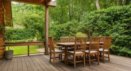 Obraz premium Wooden Outdoor Dining Table and Chairs Set on a Deck Surrounded by Lush Greenery and Trees in Sunlight