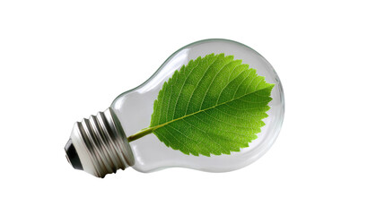 Eco-friendly Idea: A light bulb cradles a vibrant leaf, symbolizing sustainable innovation and eco-consciousness, merging nature and technology.