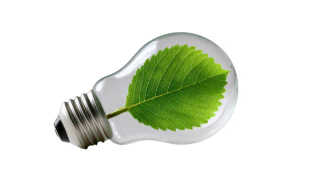 Eco-friendly Idea: A light bulb cradles a vibrant leaf, symbolizing sustainable innovation and eco-consciousness, merging nature and technology.