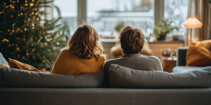 Couple in sweaters cuddle on gray sofa gazing out window at falling snow with glowing tree nearby. Quiet cozy Christmas watch, intimate winter snowfall vibe.