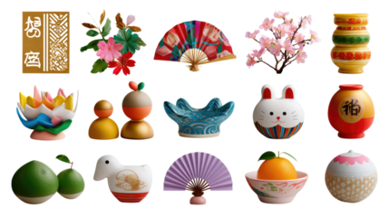 Ornate Embellishments of Celebration: A tapestry of vibrant decorations, from intricate fans to blossoming flora, exuding festive charm, each item carefully crafted.