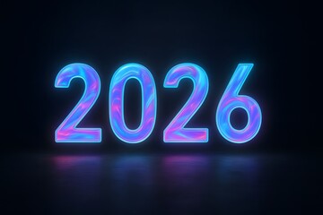 Happy new year celebration poster glow light holographic neon text effect futuristic tech abstract digital art background