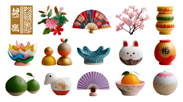 Ornate Embellishments of Celebration: A tapestry of vibrant decorations, from intricate fans to blossoming flora, exuding festive charm, each item carefully crafted.