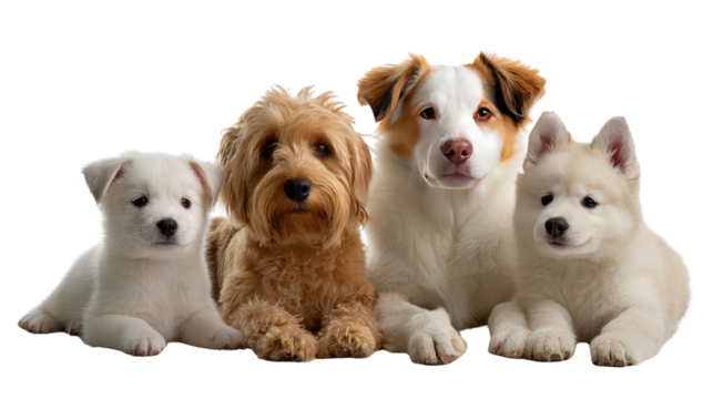 Adorable Canine Squad: A charming ensemble of different dog breeds, each with its unique personality, harmoniously posed together, highlighting the beauty and variety within the canine world.