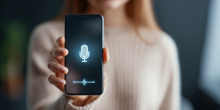 Woman holds a smartphone with a voice assistant icon displayed. Digital communication and AI interaction concept.