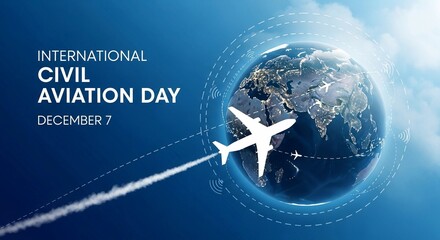 International Civil Aviation Day graphic with a white airplane flying around a blue earth globe against a bright sky.