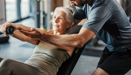 Elderly Woman Performing Strength Training with Trainer in Gym Setting