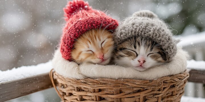 Two adorable kittens in gray and red knitted pom-pom hats sitting in wicker basket with snow falling outside window. Cute winter pet portrait, cozy festive holiday vibe full of innocence and warmth.