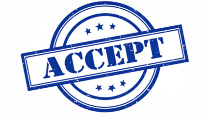 Acceptance Seal: A blue seal prominently displays the word ACCEPT, symbolizing approval, agreement, and affirmation in a clean, professional design. 