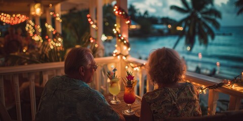 Older couple enjoying Christmas evening on a tropical balcony, holding cocktails and talking as palm trees sway in the background. Warm lights and a sunset sky create a festive vacation mood.