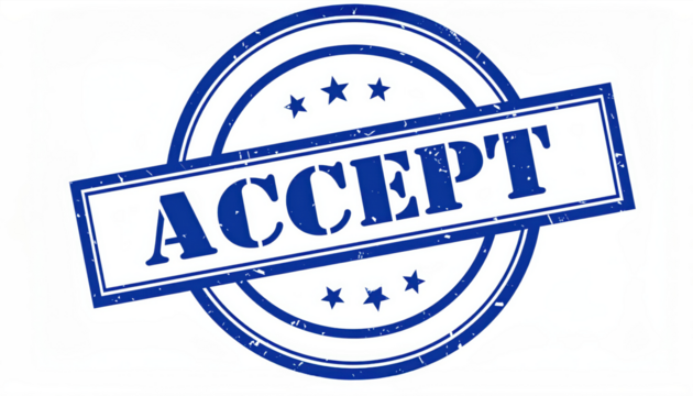 Acceptance Seal: A blue seal prominently displays the word ACCEPT, symbolizing approval, agreement, and affirmation in a clean, professional design. 