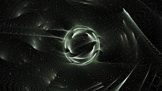 Swirling luminous particles form fluid, concentric waves in a dark void. A generative abstract motion evoking quantum flow, energy fields, and cosmic turbulence with mathematical precision.