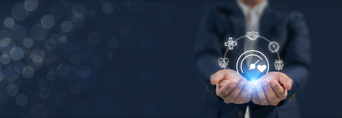 Soft Skills and emotional intelligence in digital business leadership. Digital interface with soft skill performance icons. Soft skills, emotional intelligence, empathy and leadership in business.