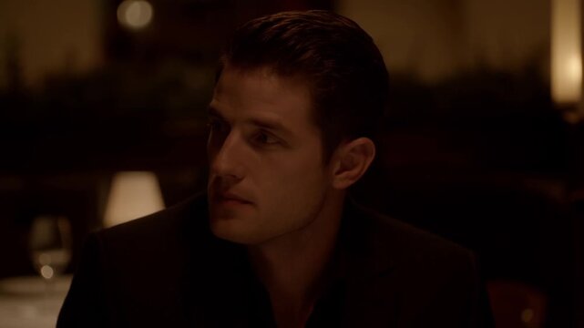 A man is captured in a pensive moment, seated in a dimly lit restaurant, deep in thought. The ambiance adds a layer of mystery Stock Video