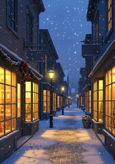 Charming snow-covered street lined with glowing shops on a winter evening with falling snowflakes