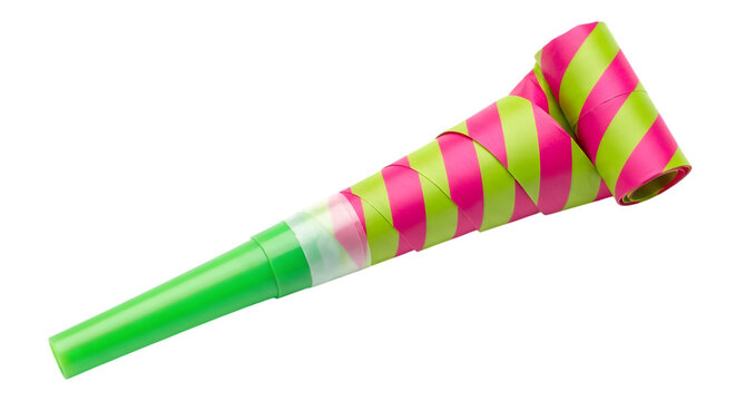 Brightly colored party horn with pink and green stripes isolated on transparent background
