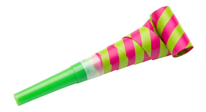 Brightly colored party horn with pink and green stripes isolated on transparent background