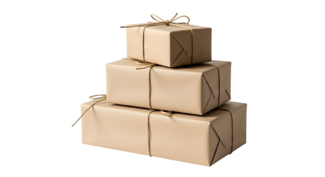 Stack of three brown paper wrapped gift boxes tied with twine isolated on transparent background