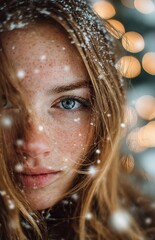 Winter Girl with Snowflakes on Hair and Freckles