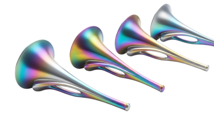 Four iridescent trumpet bells with a modern abstract design isolated on transparent background