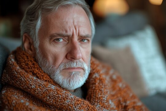 Senior man feeling unwell, checking temperature at home, assessing his condition and ensuring his health and well-being while managing daily tasks from home, Generative AI